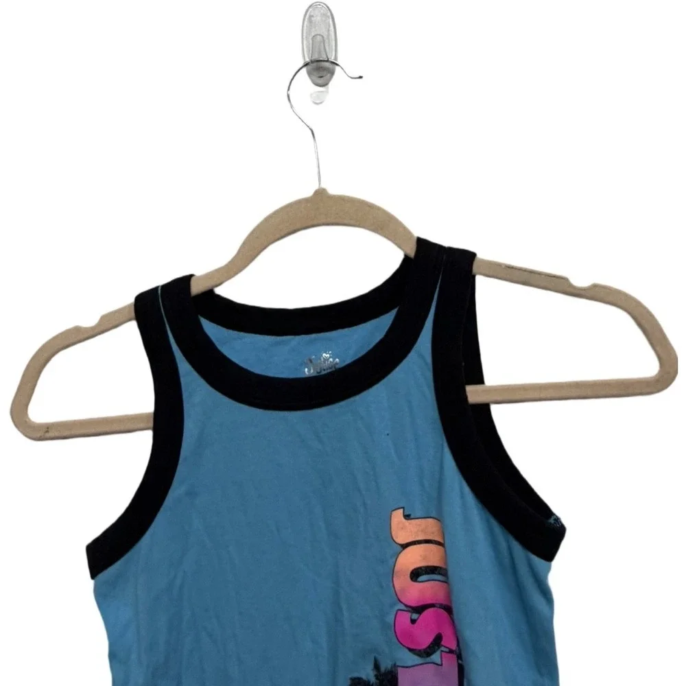 Justice Girls Blue Graphic Tank Top Size Small (7/8) Palm Tree Summer Sleeveless